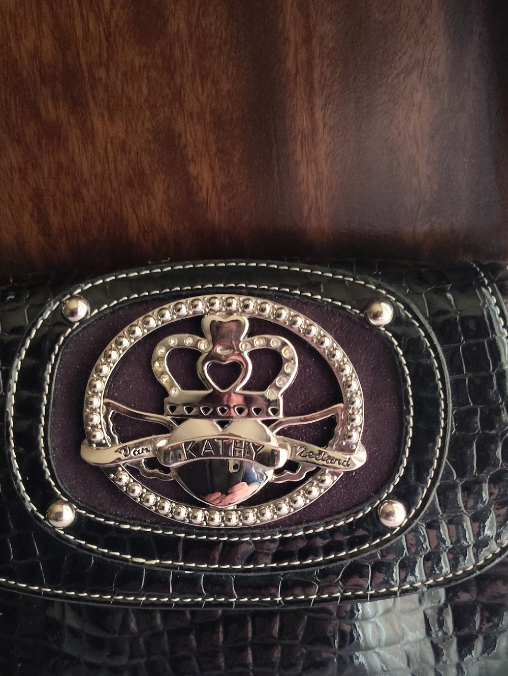 Kathy Van Zeeland Vintage  Black Croc-Embossed Handbag with Silver Crown Emblem